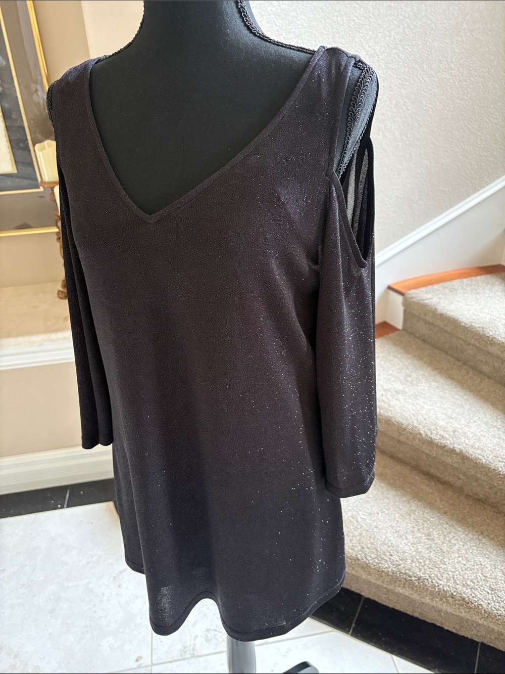 Coco Bianco Black Sparkle Cold-Shoulder V-Neck Top